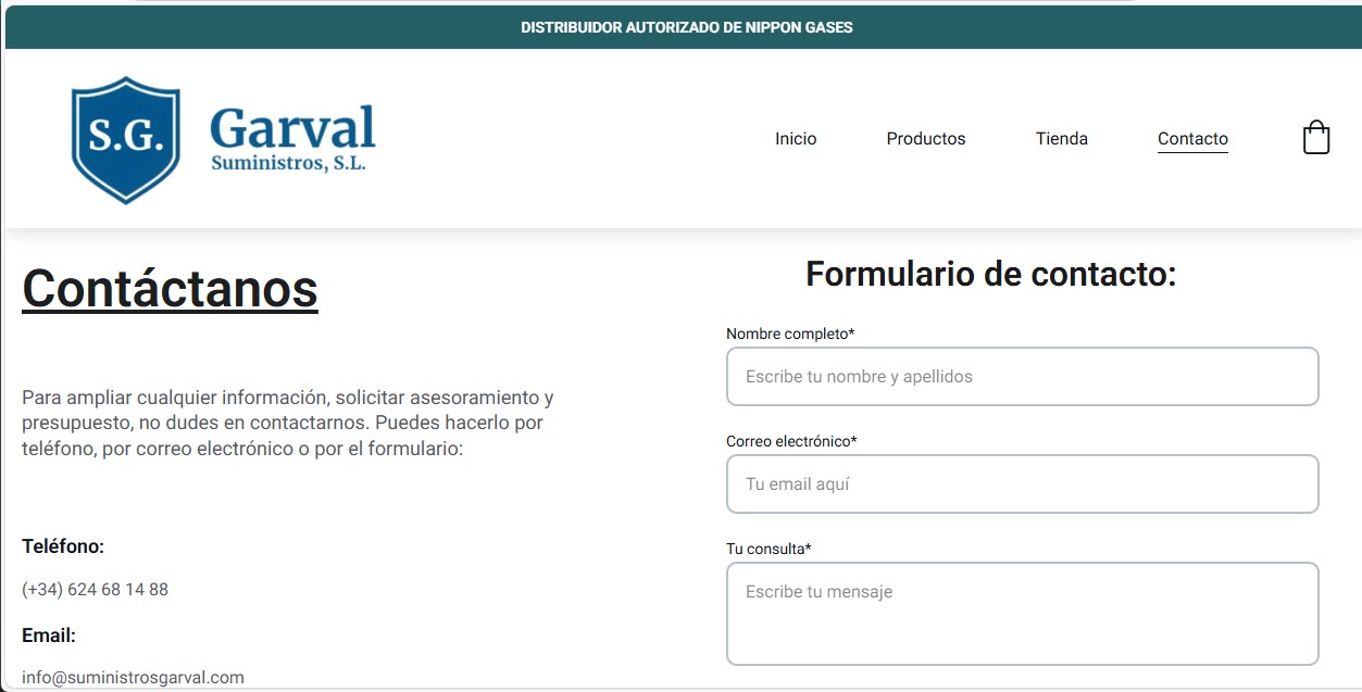 Pantallazo de web tienda online sección Contacto
