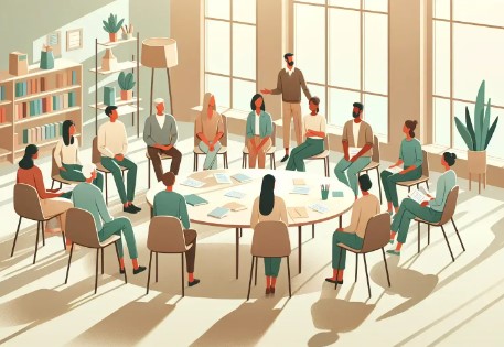 Dibujo de docente impartiendo clase a un grupo